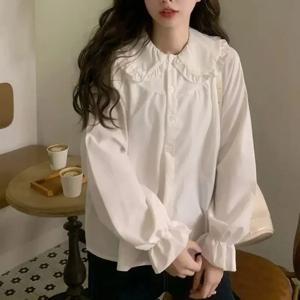 빈티지 여성 흰색 셔츠 프레피 스타일 패션 우아한 여성 긴 소매 블라우스 Y2K Sweet Kawaii 모든 경기 셔츠
