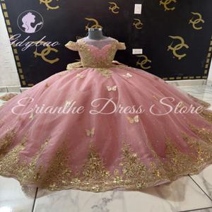 결혼식을위한 스파클링 골드 아플리케 꽃의 소녀 드레스 Tulle Puffy Princess Kids 생일 파티 첫 성찬식 공 가운 맞춤