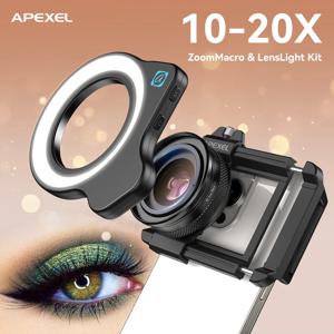 APEXEL 10-20X 줌 매크로 렌즈 iPhone 용 LED 필 라이트가있는 HD 마이크로 폰 카메라 렌즈 삼성 모든 스마트 폰 속눈썹 매크로