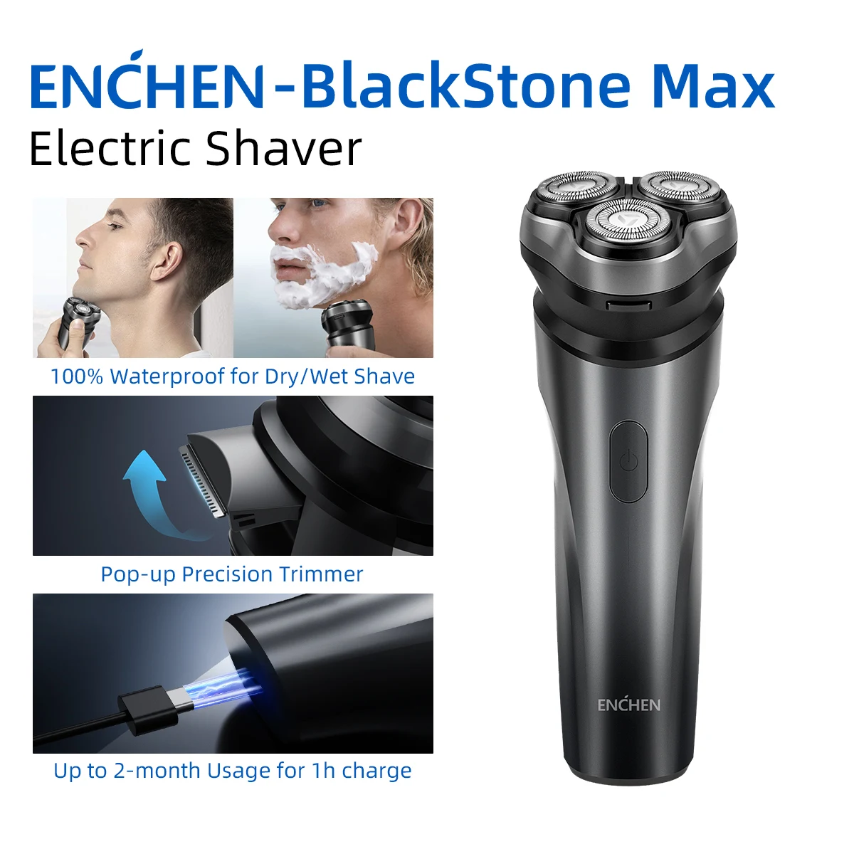 ENCHEN 전기 면도기 회전식 3D 헤어 면도기, 전문 면도기, 방수 안전 잠금 수염 트리머, 남자 블랙스톤 맥스 - BlackStone Max