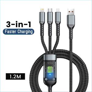 3-in-1 100W 고속 충전 케이블 USB To Type-C 마이크로 고속 충전기 케이블 PD For iPhone 14 13 12 11 Samsung S23 Xiaomi Huawei Lamp
