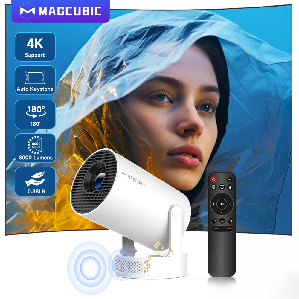 Magcubic 4K HY300 Pro + 프로젝터 내장 5W 스피커 1280*720P 안드로이드 11 8000 루멘 Wifi6 BT5.4 야외 휴대용 프로젝터