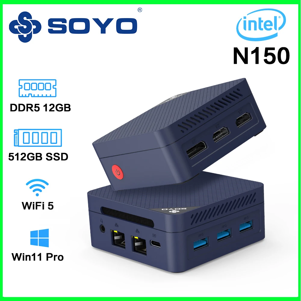 SOYO M4 미니 미니 PC 인텔 트윈 레이크 N150 프로세서 LPDDR5 12GB RAM 512GB ROM Windows 11 Pro WiFi 5 BT5.2 데스크탑 컴퓨터