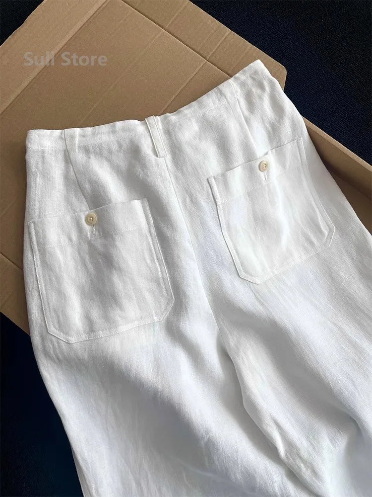 높은 허리 탄성 허리 코튼 린넨 캐주얼 바지 여성 스타일 작은 크기 흰색 Drawstring 루즈 피트 바지