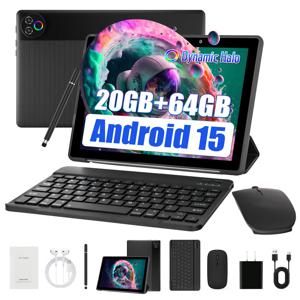 URAO 안드로이드 15 태블릿 10.1 인치 20(3+17)GB RAM 64GB ROM 5 코어 듀얼 카메라 태블릿 PC 세트 키보드/케이스/마우스/스타일러스/헤드폰