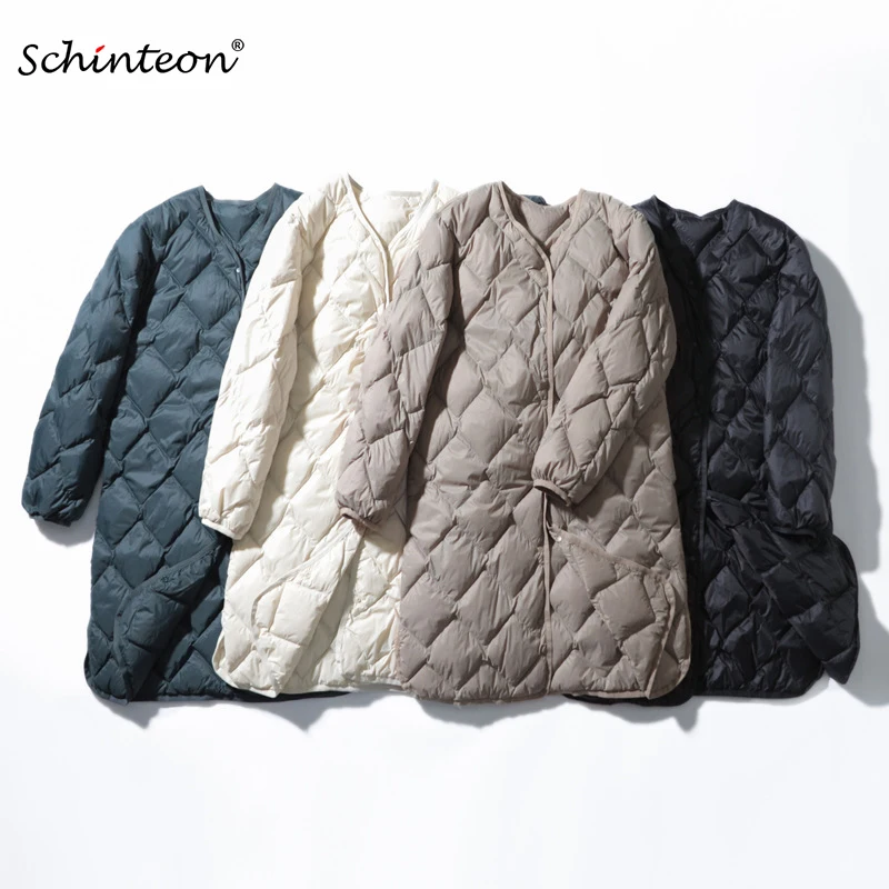 Schinteon 여성용 초경량 화이트 덕 다운 롱 재킷, 아가일 V넥 칼라, 캐주얼 외투, 가을 겨울, 2023, 새로운 패션