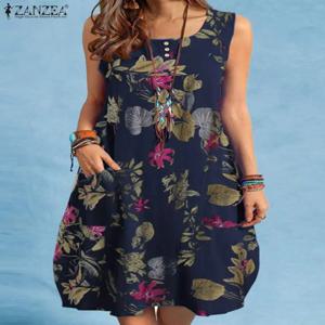 ZANZEA 보헤미안 비치 드레스 여름 빈티지 꽃 프린트 Sundress 여성 민소매 무릎 길이 가운 휴일 Vestidos Sarafans