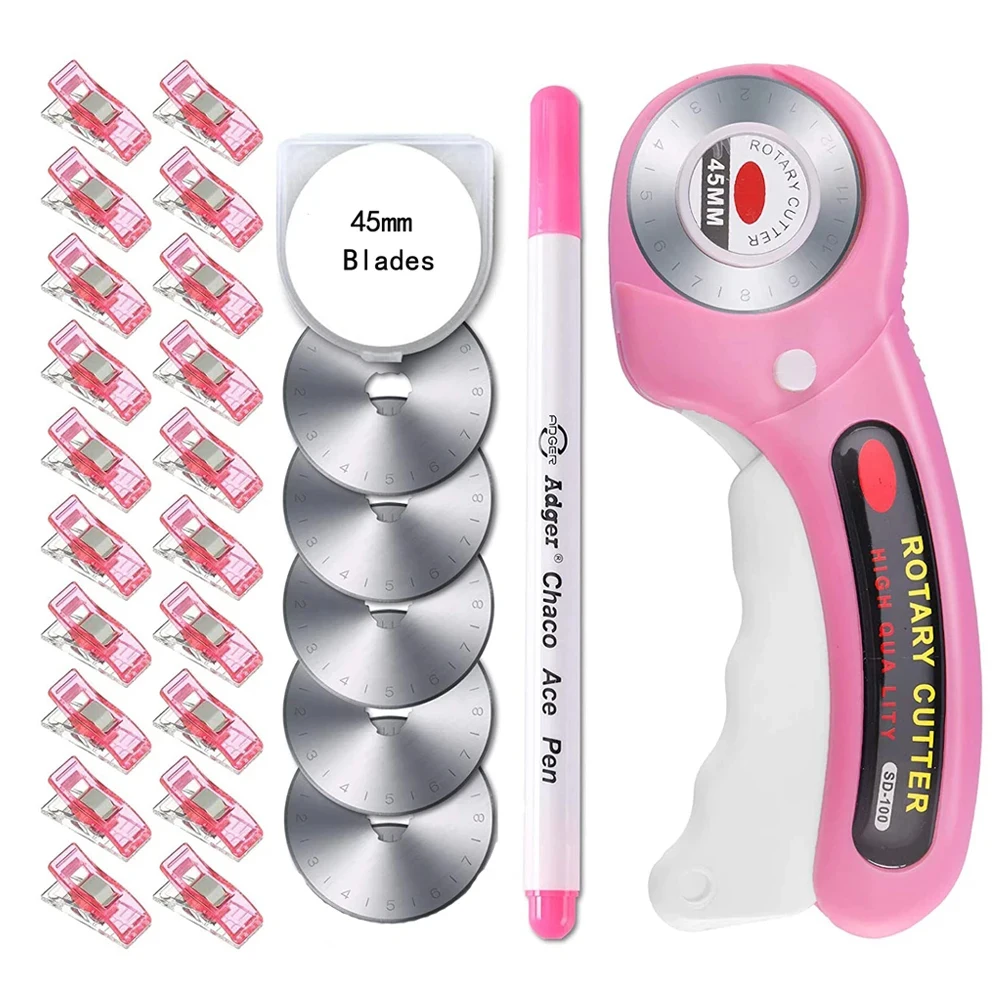 45mm 회전식 커터 세트, 원형 호브 공예 휠 커터 핸들 롤러 (5개의 교체용 칼날, 바느질 클립 및 패브릭 마커 펜 포함)