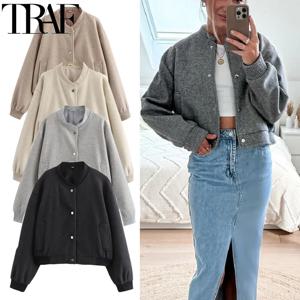 TRAF 여성용 자른 폭격기 재킷 가을 긴 소매 야구 재킷 여성 패션 겨울 단추 비행가 재킷 streetwear
