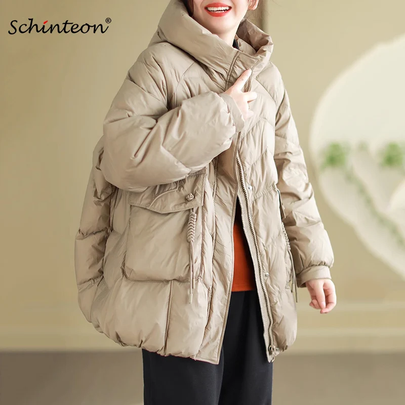 Schinteon 여성용 캐쥬얼 다운 재킷, 루즈 오버 사이즈, 가을 겨울 아웃웨어, 화이트 덕 다운, 따뜻한 두꺼운 코트, 후드 2024, 신상
