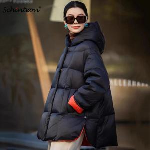 Schinteon 여성 다운 재킷 캐주얼 루즈 오버 사이즈 따뜻한 가을 겨울 아웃웨어 화이트 오리 후드 패션 코트 2024 신규