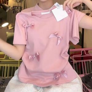우아한 발레 Bowknot T 셔츠 라운드 칼라 일본식 여성 탑 솔리드 컬러 짧은 소매 리본 자르기 탱크 탑 여성 소녀