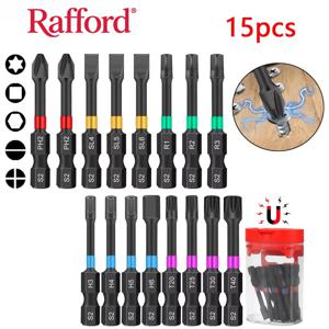Rafford15PCS 마그네틱 배치 헤드 임팩트 전기 스크루 드라이버 비트 세트 마그네틱 케이스 5 가지 유형 S2 헤드 비트 미끄럼 방지 방수 비트