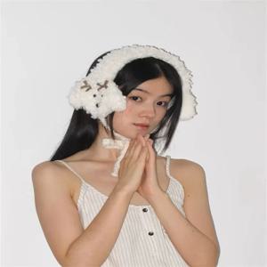 귀여운 귀마개 레이스 활 플러시 겨울 따뜻한 접이식 귀마개, 머리 장식, 여성 귀마개, 콜드 프로텍션 헤어 밴드 커버