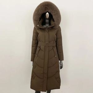 여성용 롱 화이트 구스 다운 코트, 천연 너구리 모피, 따뜻한 두꺼운 퍼퍼 재킷, 후드, 리얼 여우 모피 재킷, 2024 겨울 신상