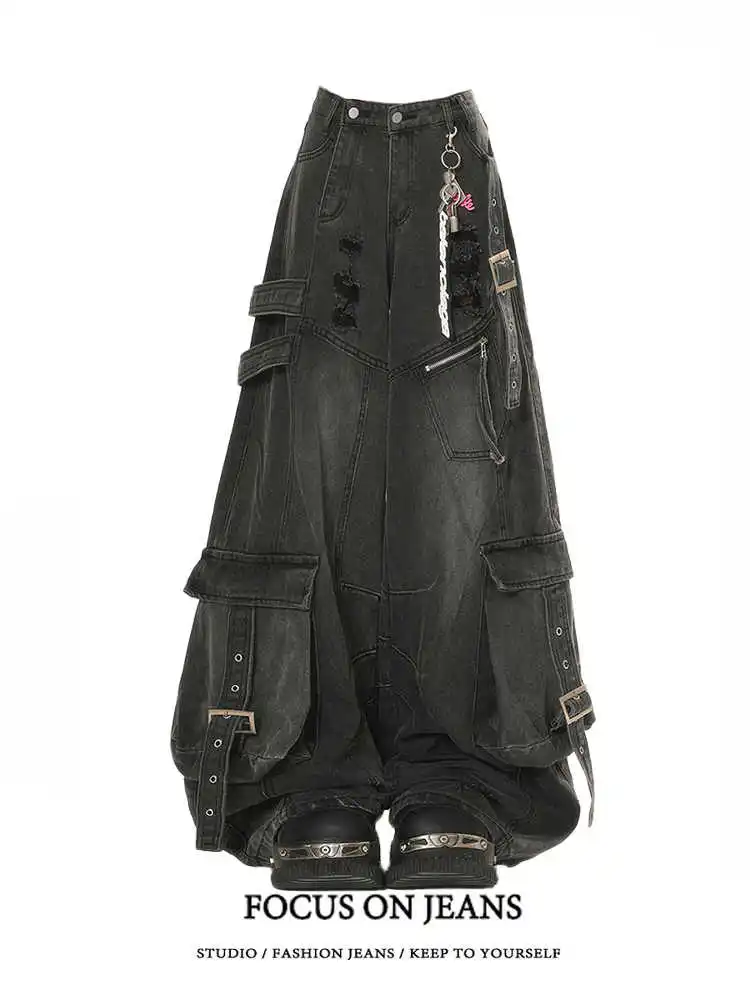 검은 청바지 여성 아메리칸 스타일 Y2K 90S 빈티지 하이 웨이스트 진 스트레이트 바지 streetwear 캐주얼 루즈 와이드 레그 데님 바지