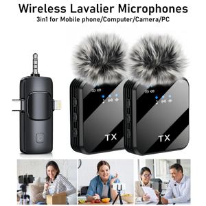 카메라, iPhone, Android, 비디오 녹화용 마이크용 3in1 무선 라발리에 마이크 녹음 팟캐스트 소음 감소 마이크