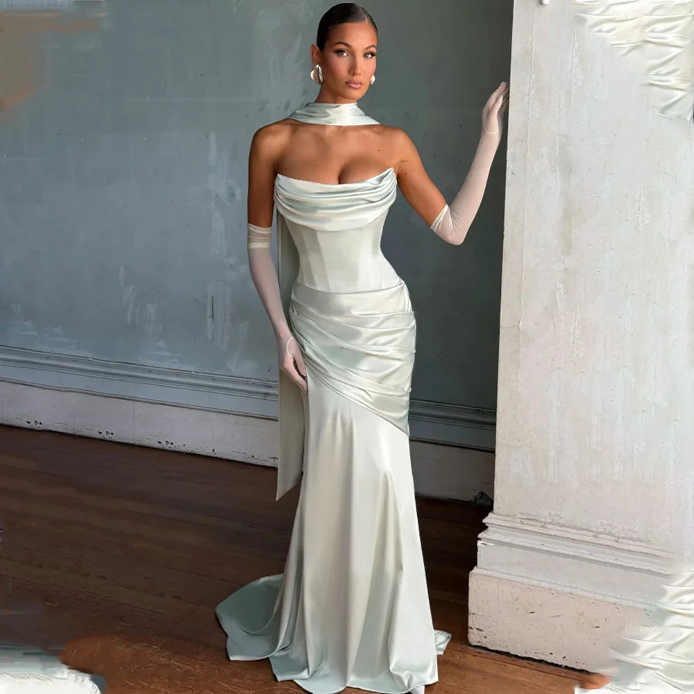 간단한 주름 스테이플리스 새틴 칼집 웨딩 드레스 긴 Scaf 맞춤 제작 신부 성장 2025 Vestido De Noival