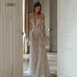OIMG 고급스러운 레이스 아이보리 라인 웨딩 드레스 환상 섹시한 V 넥 신부 드레스 바닥 길이 웨딩 드레스 새로운 맞춤형