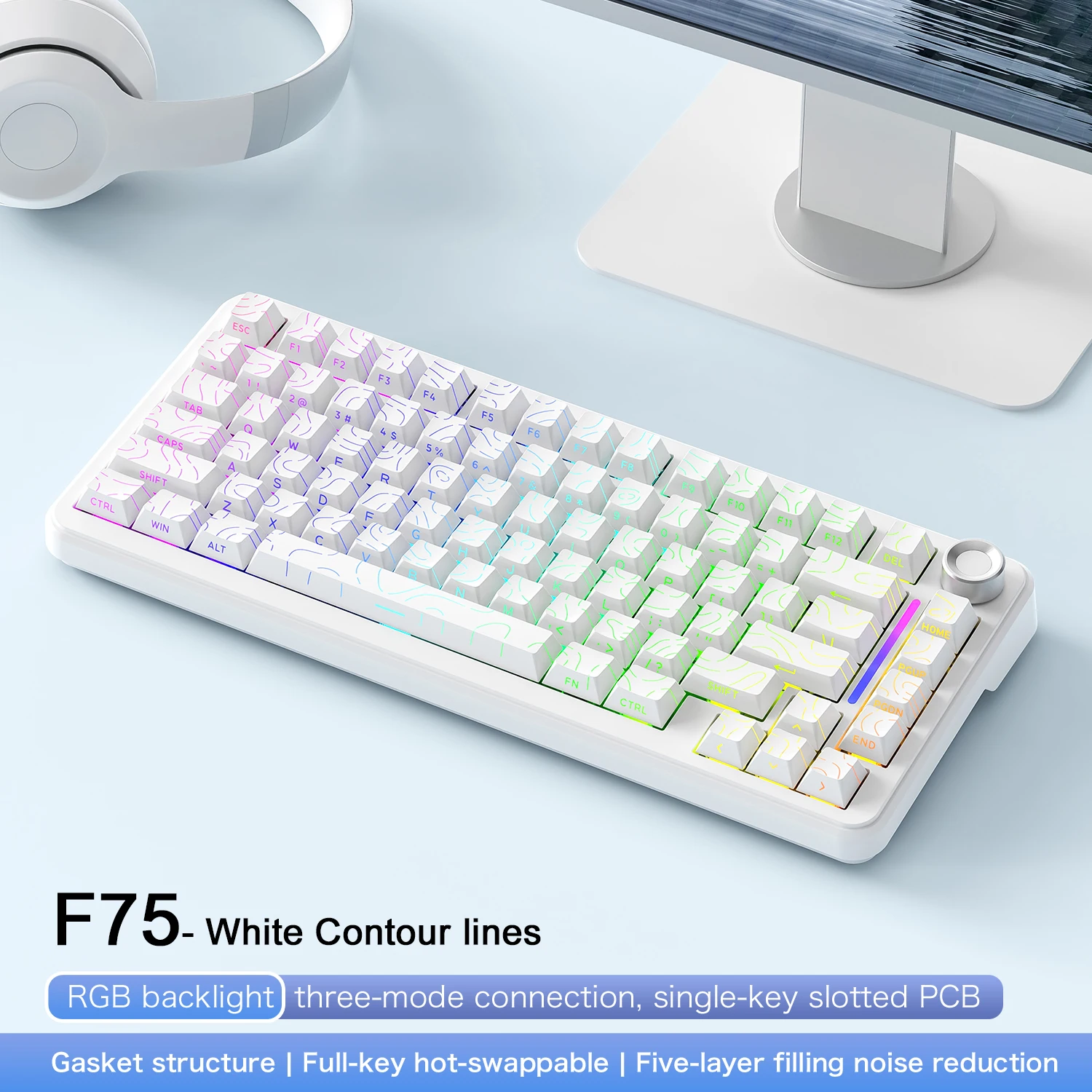 FREEWOLF F75 무선 게임용 키보드 AULA F75 동일 모델, 75% 매칭 행 핫 스왑 게임용 키보드, 트라이 모드 링크 4000 mAh 배터리