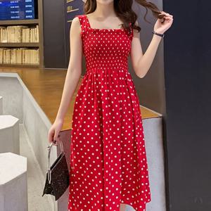 로브 femme 여름 폴카 도트 여성 드레스 우아한 스퀘어 넥 민소매 쉬폰 롱 드레스 슈퍼 할인 vestidos para mujer