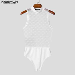 여름 남성 바디 슈트 인쇄 메쉬 패치 워크 INCERUN 섹시한 남성 Rompers 민소매 패션 바디 슈트 S-3XL Oversize