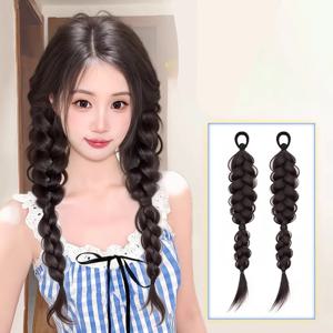 45cm 대학생 스타일 합성 이중 땋은 포니테일 가발 여성 소녀 자연스러운 푹신한 트위스트 피쉬본 브레이드 헤어 익스텐션