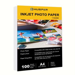 HUSPER A4 100매 115GSM 크기(210×297mm) 프린터 사진 프린터 용지 광택 흰색 사진 품질 프린터 용지