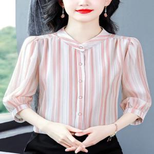 2025년 여름 신상 예쁜 스트라이프 루즈핏 여성 쉬폰 셔츠 반팔 배 가리개 투피스 세트 우아하고 세련된