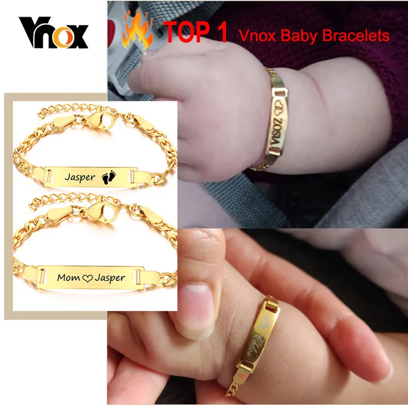 Vnox 맞춤형 맞춤형 아기 여아 이름 팔찌, 골드 컬러 솔리드 스테인레스 스틸, 조정 가능한 소년 팔찌, 새 엄마에게 선물