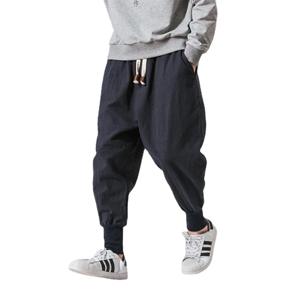 코튼 린넨 하렘 바지 남성 솔리드 탄성 허리 streetwear 조깅 새로운 헐렁한 드롭 가랑이 바지 캐주얼 바지 남성