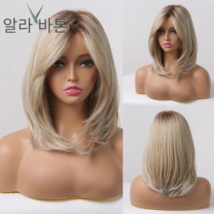 ALAN EATON 레이어드 합성 가발(뱅 포함) 스트레이트 짧은 하이라이트 금발 머리 가발(여성용) Natural Daily Cosplay Wigs