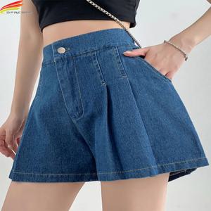 DFRCAEG 2024 여성용 여름 플러스 사이즈 데님 반바지 고탄력 허리 블루 또는 스카이 블루 플리츠 미니 대형 짧은 Femme
