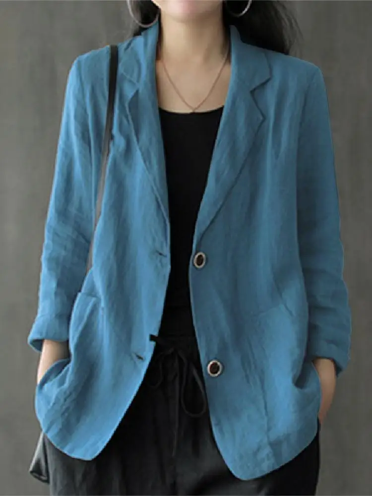 우아한 솔리드 블레이저 여성 가을 ​​오버코트 ZANZEA 2023 캐주얼 긴 소매 싱글 버튼 코트 여성 옷깃 Outwears Oversize