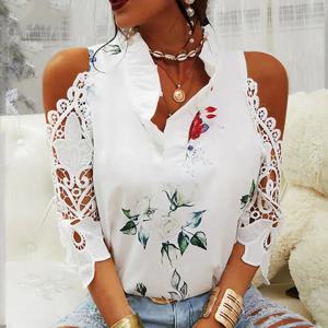 여름 여성 Strapless 탑 캐주얼 섹시 할로우 꽃 인쇄 여성 블라우스 우아한 v 넥 짧은 소매 레이스 셔츠 Blusas 19361