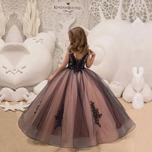 2025 파티를위한 블랙 레이스 꽃의 소녀 드레스 우아한 민소매 Tulle V 넥 여자 미인 대회 공주 생일 드레스