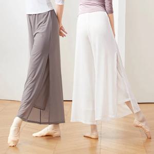발레 바지 여성 스포츠 바지 피트니스 요가 바지 넓은 다리 바지 더블 레이어 메쉬 러닝 댄스 바지 성인 긴 바지