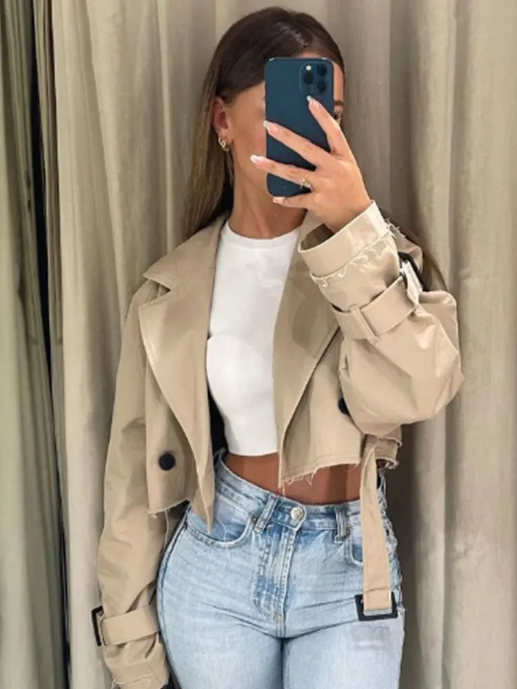 2024 벨트 자른 트렌치 봄 자켓 여성 빈티지 streetwear 더블 브레스트 긴 소매 탑 여성 코트 의상