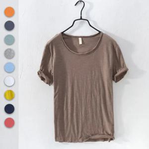 남성용 레트로 로우 엣지 티셔츠 100% 코튼 경량 통기성 슬림핏 단색 O 넥 캐주얼 기본 탑 티셔츠