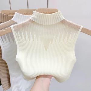 메쉬 니트 탑 여성 Y2K 탱크 탑 하프 넥 조끼 여성 민소매 스웨터 세련된 컷 아웃 streetwear 솔리드 ​​스키니 튜브 탑