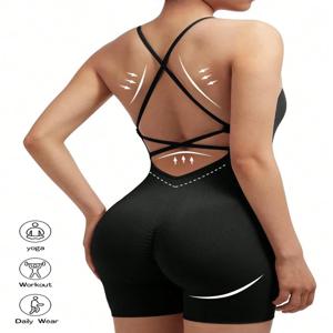 섹시한 피트니스 점프 슈트 여성 크로스 조절 스포츠 Playsuit 러닝 원피스 요가 슈트 Scrunch 반바지 Backless Set Romper