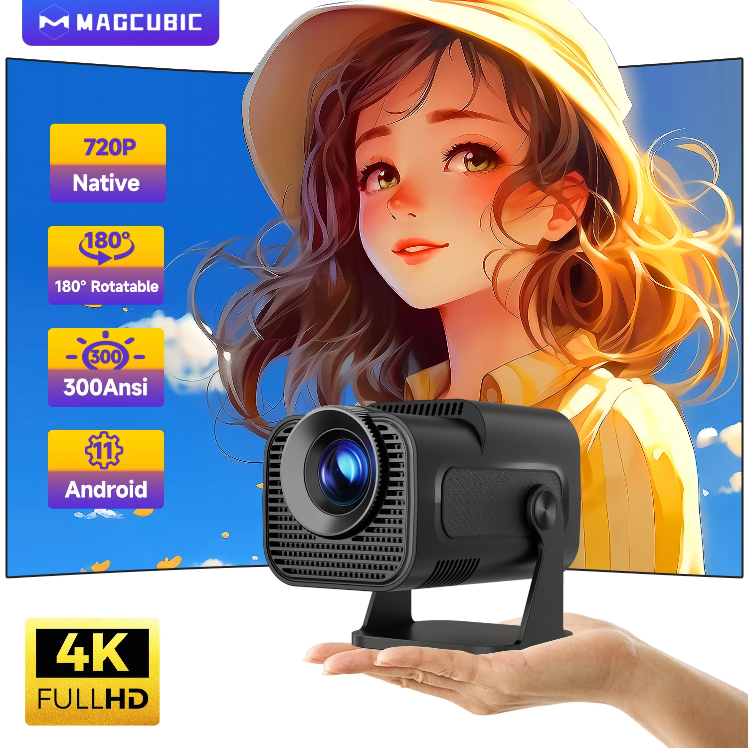 Magcubic HY320 미니 새로 네이티브 720P 안드로이드 11 4K 프로젝터 300ANSI Wifi6 BT5.0 시네마 야외 휴대용 180 °   회전식 프로젝터