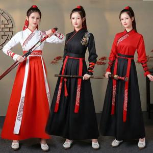 현대 Hanfu 여성 탑 스커트 2 조각 세트 남자 빈티지 패션 코스프레 의상 중국어 번체 의류 기사도 스타일 정장