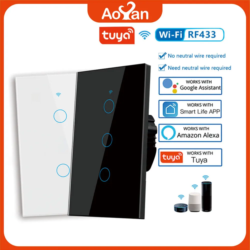Tuya US WiFi 스마트 벽 스위치 RF433 1/2/3/4 Gang 중립 와이어 없음 터치 센서 LED 조명 스위치 스마트 홈 Alexa Google 홈