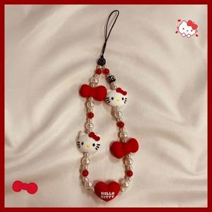 Kawaii Sanrio 휴대 전화 펜던트 만화 헬로 키티 분실 방지 매는 밧줄 키 짧은 손목 밧줄 애니메이션 레드 쥬얼리 키 체인