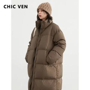 CHIC VEN 여성용 다운 코트, 길고 두꺼운 따뜻한 다운 재킷, 오버 코트, 화이트 덕 다운, 루즈 캐주얼 재킷, 가을 겨울 2024