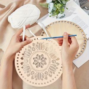 2pcs 천연 나무 바구니 하단 원형 빈 중공 크로 셰 뜨개질 바구니 나무 자료 DIY 크로 셰 뜨개질 가방 하단 성형 공정