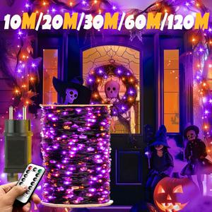 10-120M 구리 와이어 문자열 조명 할로윈 보라색 & 오렌지 요정 빛 8 모드 야외 거리 크리스마스 갈 랜드 파티 장식