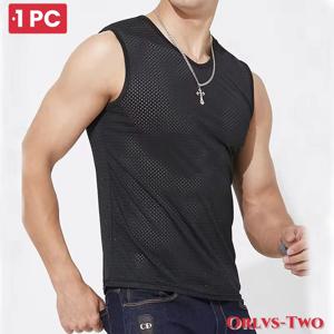1 PC 남자 아이스 실크 메쉬 탱크 탑 체육관 스트링거 투명한 보디 빌딩 민소매 셔츠 피트니스 조끼 남성 메쉬 근육 싱글