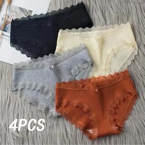 4 Pcs 레이스 물결 모양 트림 비키니 팬티, 편안하고 통기성이 있는 탄성 친밀 팬티, 여성 란제리 및 속옷
